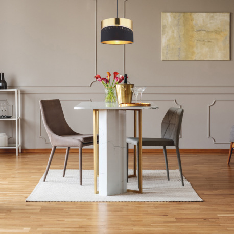 Závesné svietidlo, čierny matný kov, čierny textil, plast zlatej farby, čierny PVC kábel, výskovo na 10