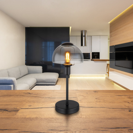 Stolové svietidlo, kov čierny, sklo dymovej farby, kábel PVC čierny, dotykové zapínanie/vypínanie, ø 1