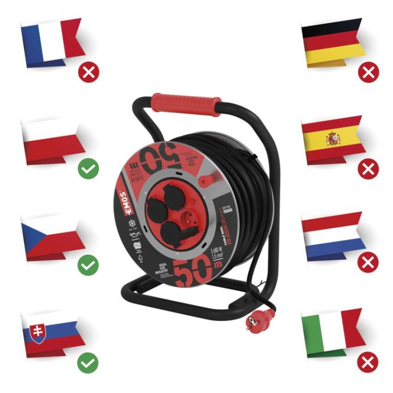 Vonkajší predlžovací kábel na bubne 50 m / 4 zás. / čierny / guma-neoprén / 230V / 1,5 mm2 2