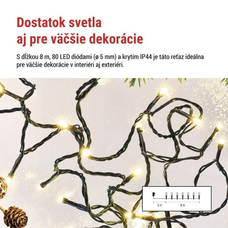 LED vianočná reťaz, 8 m, vonkajšia aj vnútorná, teplá biela, programy, časovač 1