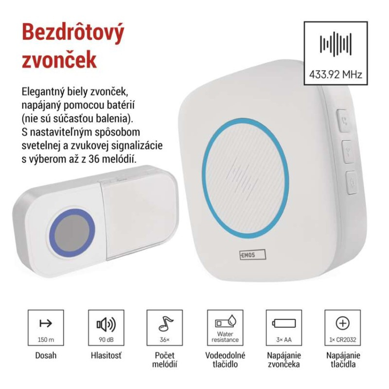 Domový bezdrôtový zvonček P5736 na 3× AA 3