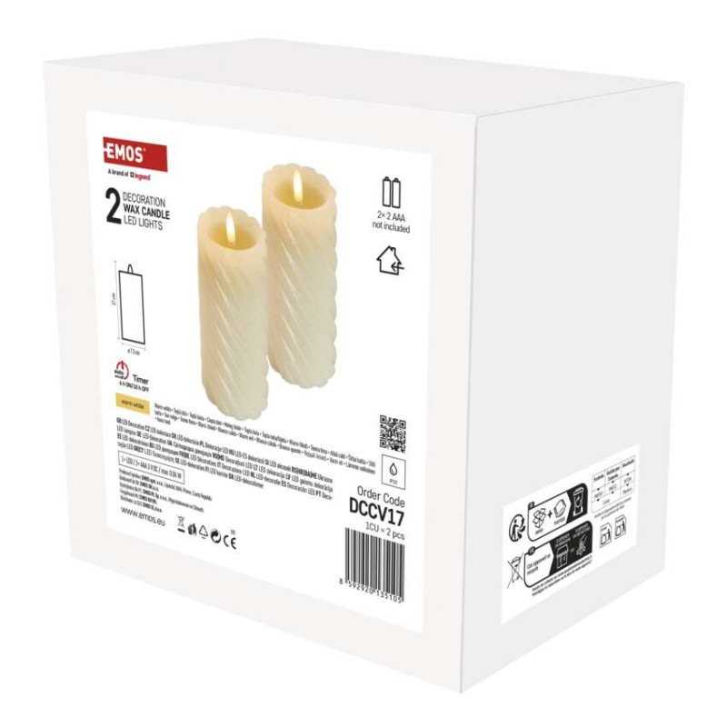 LED dekorácia – vosková sviečka, 17 cm, 2x AAA, vnútorná, teplá biela, 2 ks, časovač 1