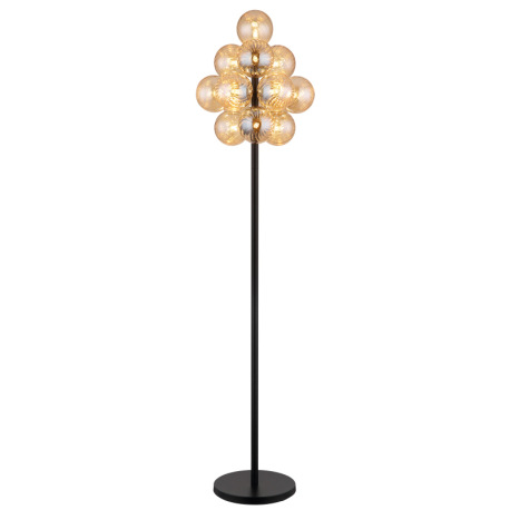 Stojanová lampa, matný čierny kov, jantárové sklenené gule, čierny PVC kábel, nožný spínač integrova