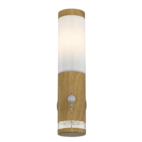 Vonkajšie svietidlo, oceľ vo vzhľade dreva, plast opál, dekoratívna LED, IP44, senzor 90°, dosah 8m, 4