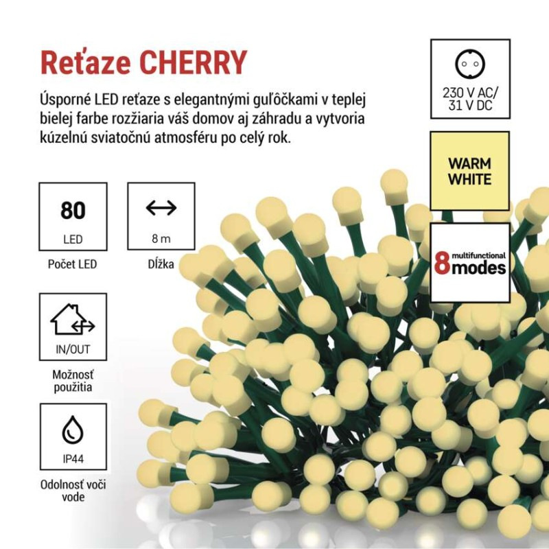 LED vianočná cherry reťaz – guličky, 8 m, vonk. aj vnútor., teplá biela, programy, časovač