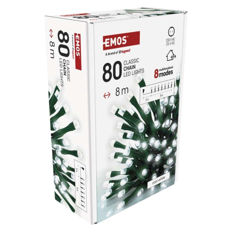 LED vianočná reťaz, 8 m, vonkajšia aj vnútorná, studená biela, programy, časovač 14