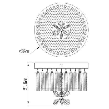 Stropné svietidlo, chróm, sklenené tyčinky, K9 kryštály, veľký kvet uprostred, Ø 280, V:220, vrátane 9