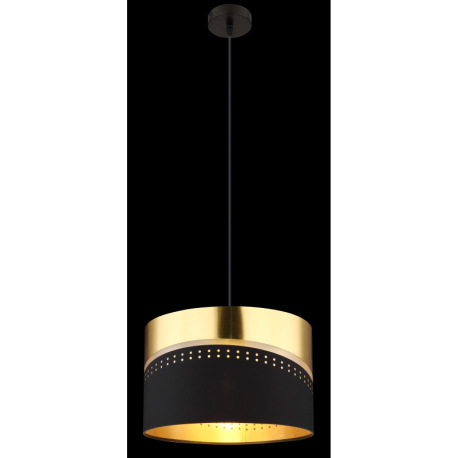 Závesné svietidlo, čierny matný kov, čierny textil, plast zlatej farby, čierny PVC kábel, výskovo na 11
