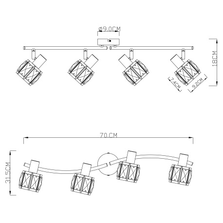 Stropné svietidlo, kov, bronzová, sklenené kryštály, dymová, nastaviteľné ramená, DxV: 700x180, bez 3