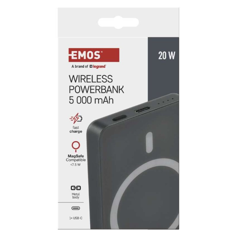 Power bank EMOS WI 522, 5 000 mAh, 20 W+Wireless, šedá 12