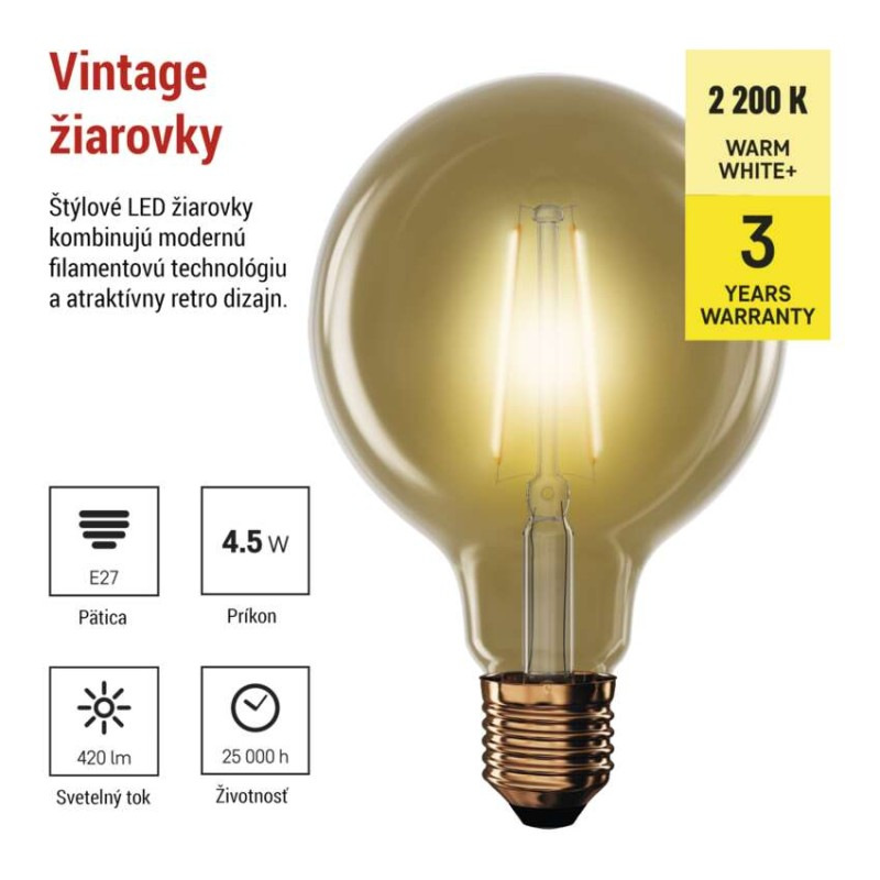 LED žiarovka Vintage G95 / E27 / 4,5 W (40 W) / 420 lm / Teplá biela 1