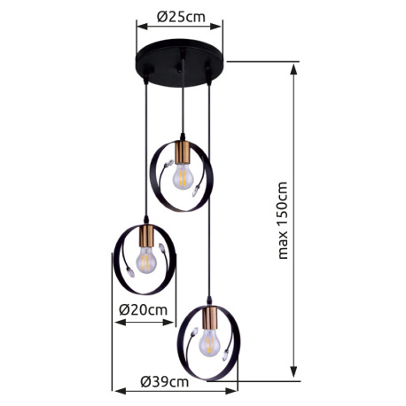 Závesné svietidlo, kov čierny, plastové krištále priehľadné, Ø390, V:1500, bez žiaroviek 3xE27, max. 14