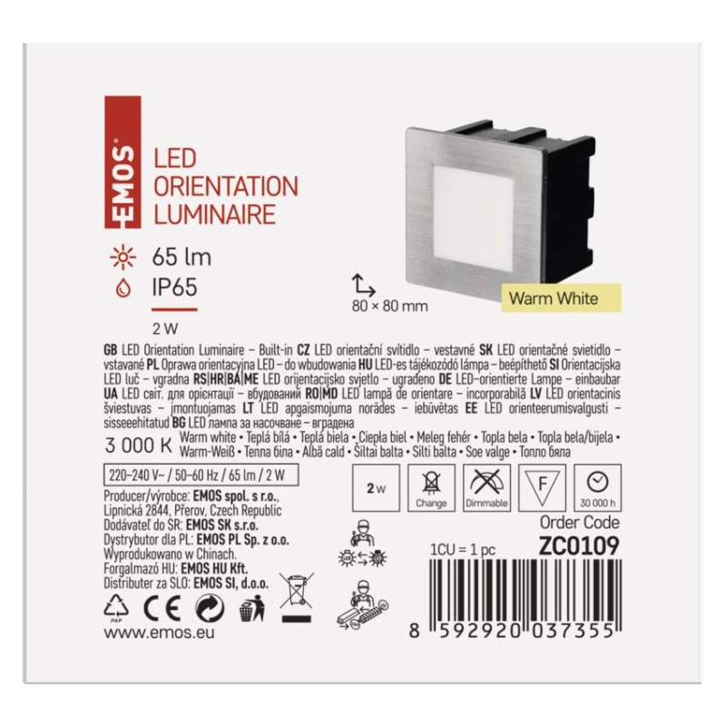 LED orientačné vstavané svietidlo AMAL 80×80, 2W teplá b.,IP65 3