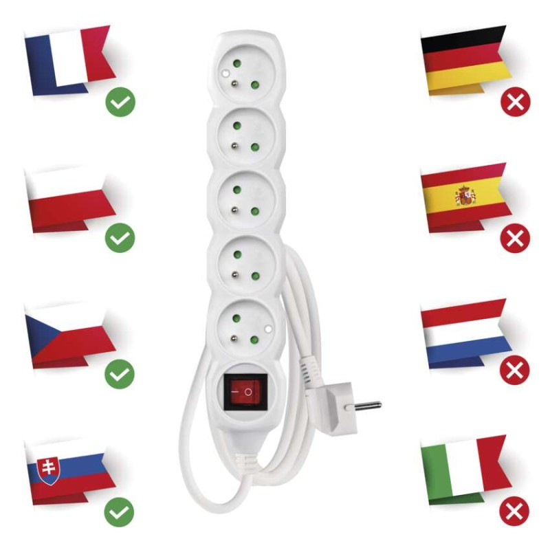 Predlžovací kábel 2 m / 5 zásuviek / s vypínačom / biely / PVC / 1 mm2 1