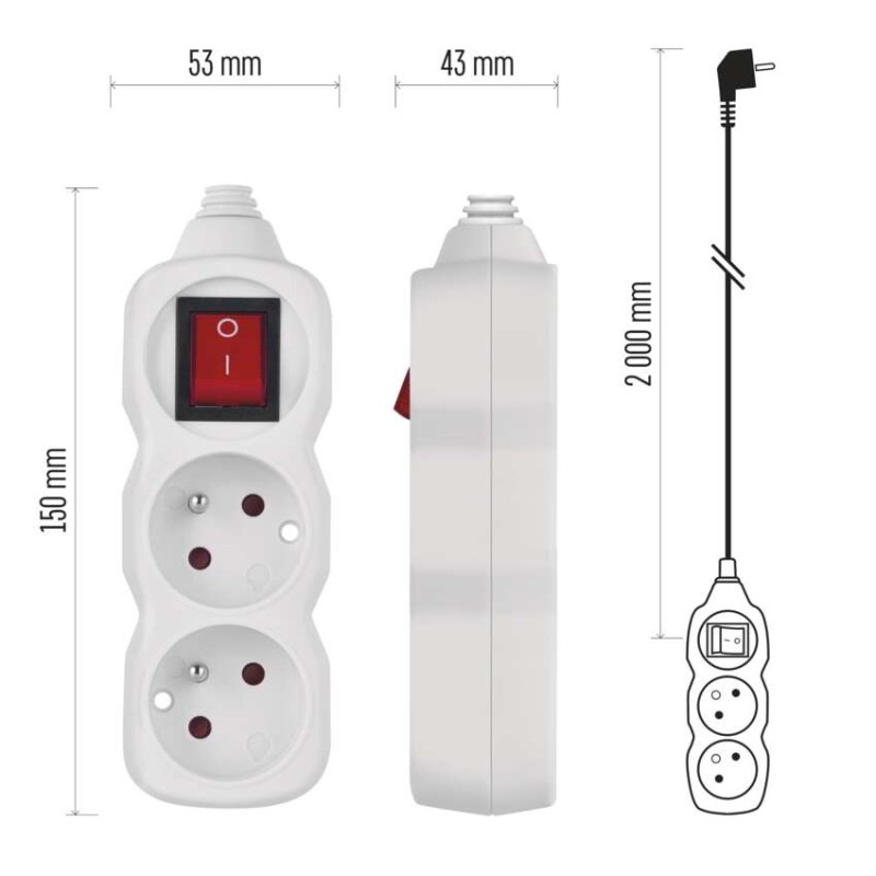 Predlžovací kábel 2 m / 2 zásuvky / s vypínačom / biely / PVC / 1 mm2 7