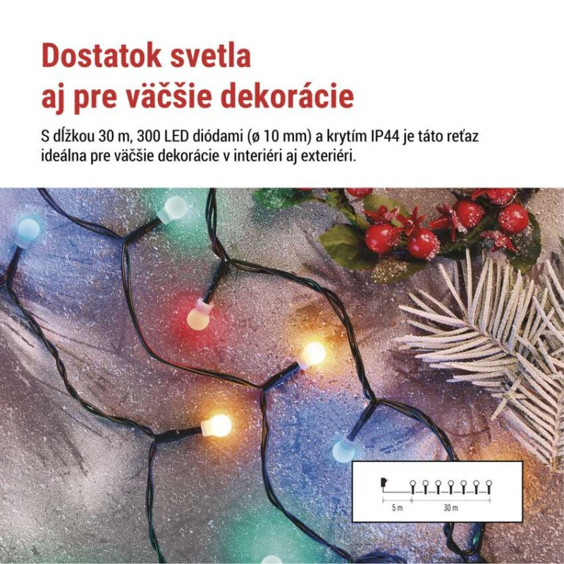 LED vianočná cherry reťaz – guličky, 30 m, vonk. aj vnútor., multicolor, programy, časovač 1