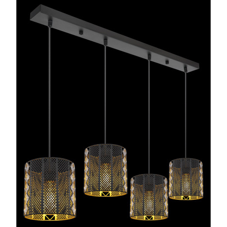 Závesné svietidlo, kov čierny matný, priehľadný akryl, krištále, tienidlá z vnútra zlaté, DxŠxV:800x 9