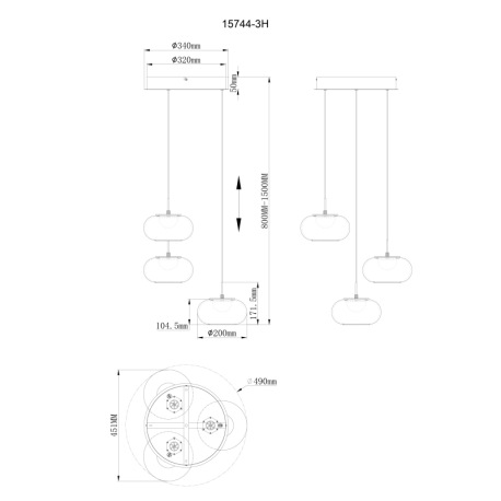 Závesné svietidlo, kov čierny matný, sklo dymovej farby, kábel čierny, ø: 490 mm, V: 1500 mm, nastav 4