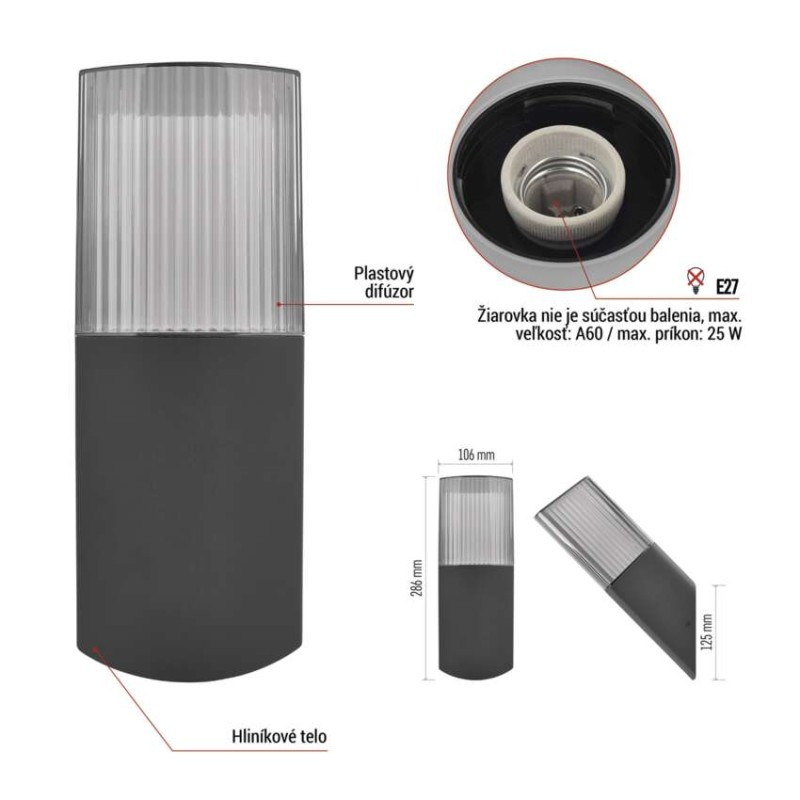 Záhradné nástenné svietidlo LANA, 10,6 x 8,8 x 28,5 cm, 1 x E27, 25 W 4