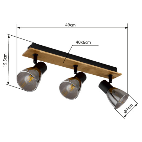 Stropné svietidlo, drevo hnedé, kov čierny, dymové sklo, DxŠxV:400x70x155mm, bez žiaroviek 3x E14, m 12