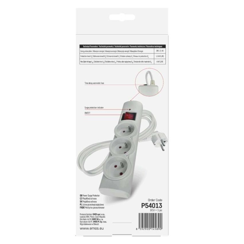 Prepäťová ochrana – 3 zásuvky, 1,5 m, biela 2