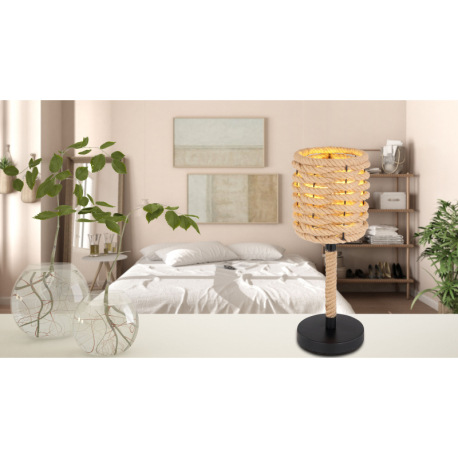 Stolová lampa, kov čierny, konopné lano, vypínač, Ø165, V:450, bez žiarovky 1xE27, max. 40W 230V 1