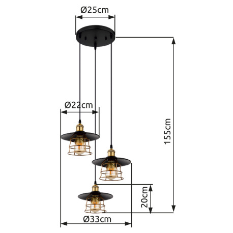 Závesné svietidlo, kov čierny, mosadz, čierny PVC kábel, ø: 330mm, V:1550mm, bez žiaroviek 3x E27, m 18