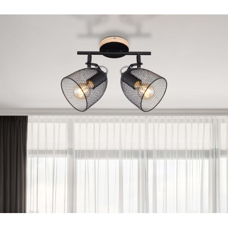 Nástenné svietidlo, drevo hnedé a čierne, kov čierny, mriežkované kovové tienidlo, DxŠxV:270x130x260 10