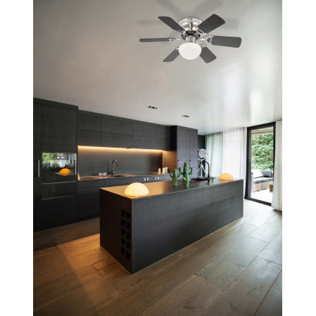 Stropný ventilátor, kov, sklo, nikel matný, 3 rýchlosti, 2 smery otáčania, ťahový vypínač, ø:760, V: 11