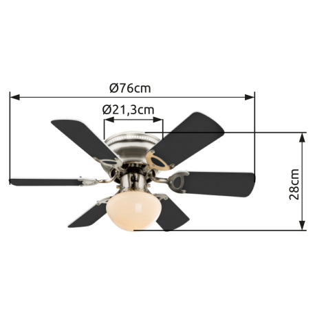 Stropný ventilátor, kov, sklo, nikel matný, 3 rýchlosti, 2 smery otáčania, ťahový vypínač, ø:760, V: 8