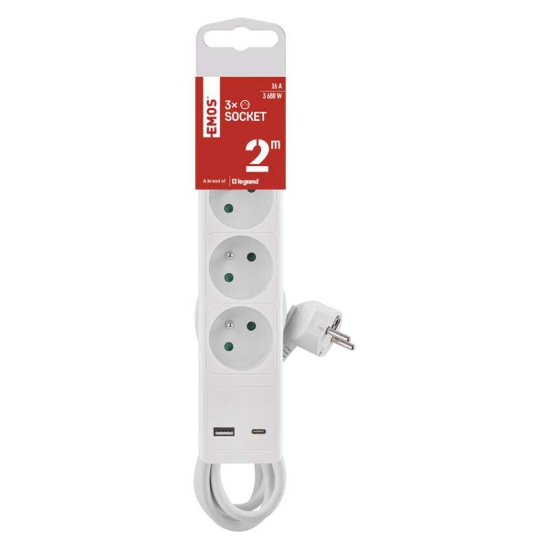 Predlžovací kábel 2 m / 3 zásuvky / s vypínačom / biely / 1×USB-A + 1×USB-C / 1,5 mm2 1