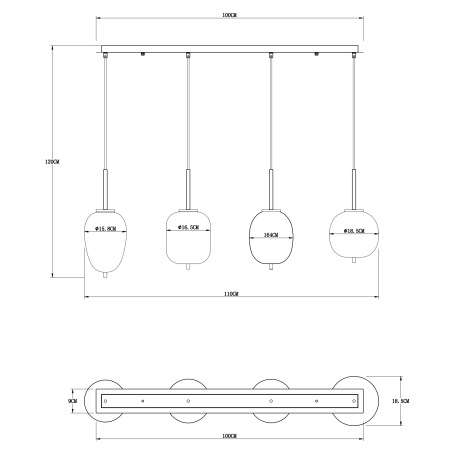 Závesné svietidlo, kov čierny, mosadz, dymové sklo, DxŠxV:1100x185x1200mm, bez žiaroviek 4x E14, max 9