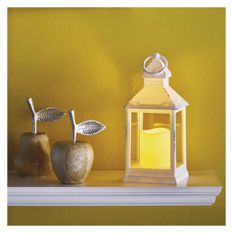 LED dekorácia – lampáš antik biela blikajúca, 3x AAA, vnútorný, vintage, časovač 3