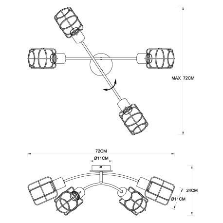 Stropné svietidlo, kov čierny, drevo hnedé, DxŠxV:720x720x240, bez žiaroviek 4xE27, max. 40W 230V 9
