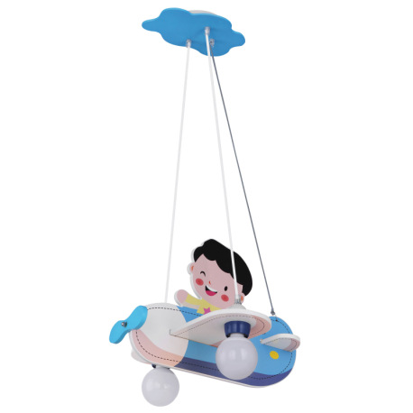 Závesné svietidlo, drevo, modrá biela, plast opál, lietadlo s chlapcom, DxŠxV: 430x400x1200, bez žia 6