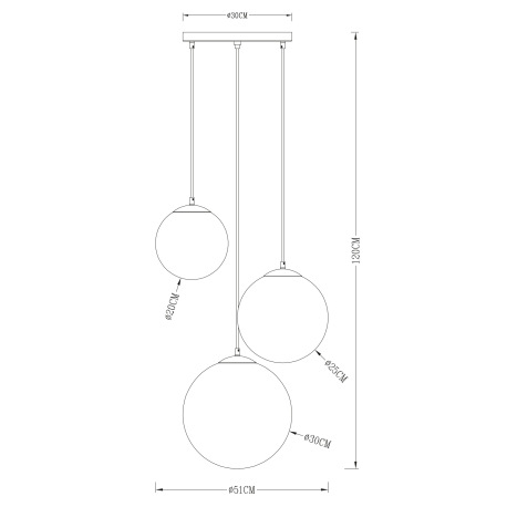 Závesné svietidlo, kov nikel matný, sklo priehľadné chróm, 3 gule s priemerom: 20 - 25 - 30 cm, Ø510 9