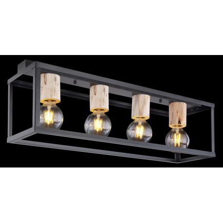 Stropné svietidlo, kov čierny matný, drevo, drevené ozdobné objímky, DxŠxV:750x200x225, bez žiarovie 9