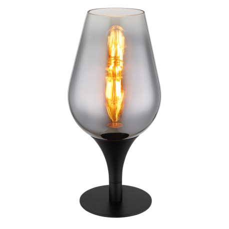 Stolové svietidlo, čierny matný kov, sklo chrómovej farby, priehľadné, čierny textilný kábel, kolísk