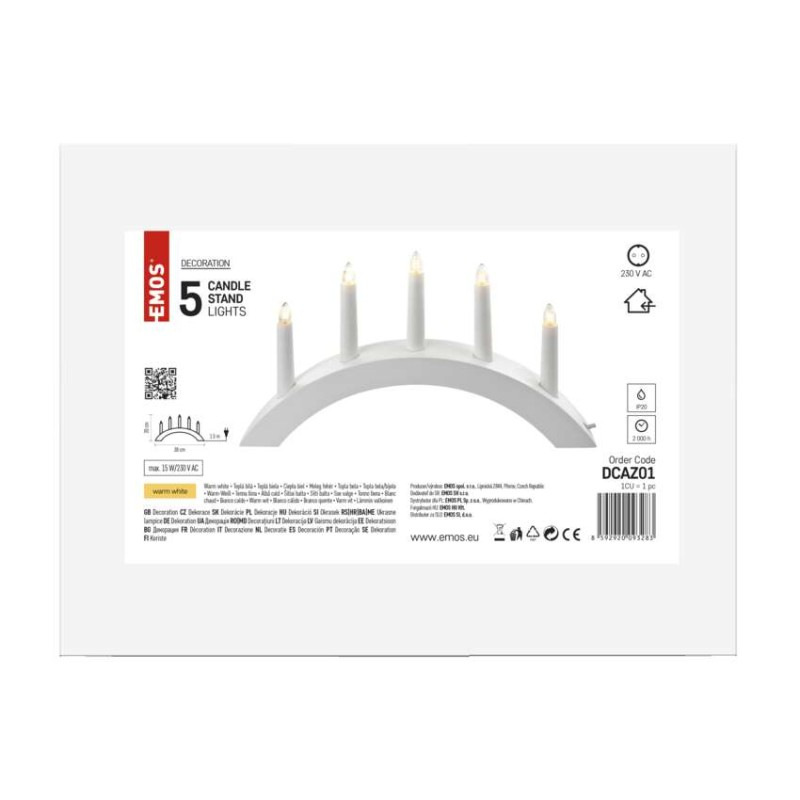 Svietnik na 5x žiarovku E10 drevený biely, oblúk, 20x38 cm, vnútorný, teplá biela 5