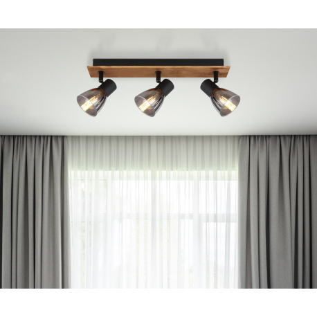 Stropné svietidlo, drevo hnedé, kov čierny, dymové sklo, DxŠxV:400x70x155mm, bez žiaroviek 3x E14, m 13