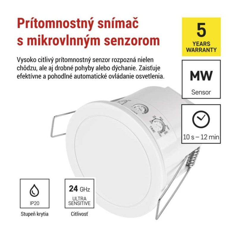 Mikrovlnný senzor prítomnosti IP20 24GHZ 2000W, biela 1