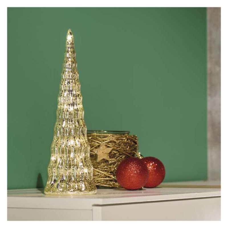 LED vianočný sklenený stromček, 27 cm, 2x CR2032, vnútorný, teplá biela, časovač 4