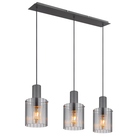 Závesné svietidlo, tmavosivý kov, dymové sklo, čierny textilný kábel, možnosť skrátenia výšky, sklo