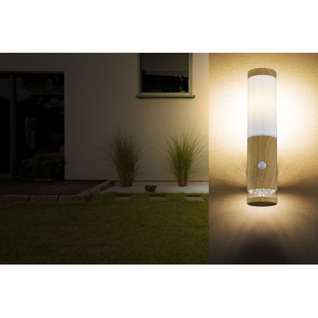 Vonkajšie svietidlo, oceľ vo vzhľade dreva, plast opál, dekoratívna LED, IP44, senzor 90°, dosah 8m, 10