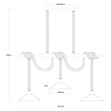 Závesné svietidlo, kov čierny a zlatý, lano, DxŠxV:825x220x1200mm, bez žiaroviek 3x E27, max. 60W 23 20