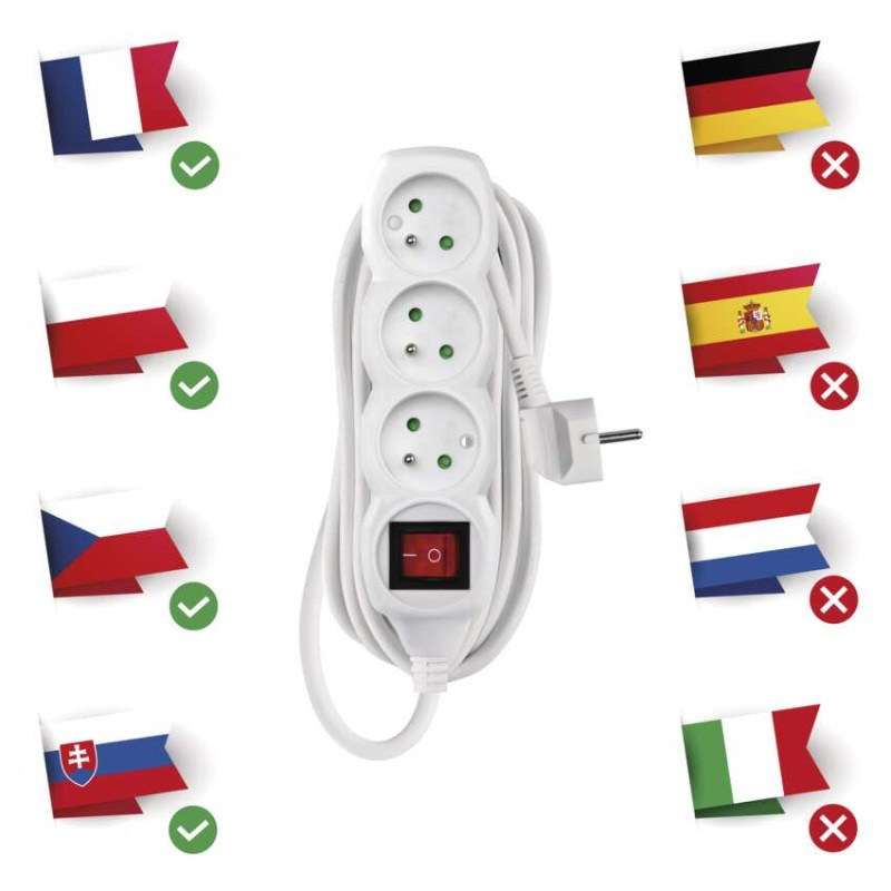 Predlžovací kábel 7 m / 3 zásuvky / s vypínačom / biely / PVC / 1,5 mm2 1