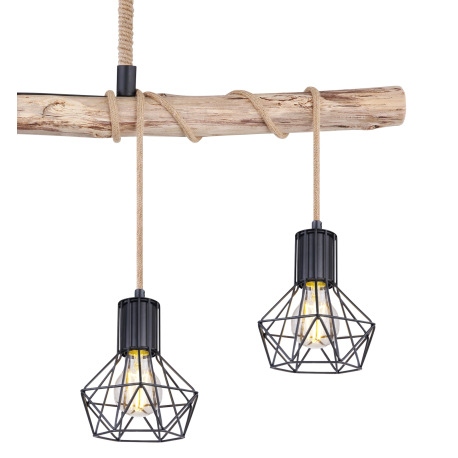 Závesné svietidlo, kov čierny, drevo, kov čierny, konopné lano, DxŠxV: 1000x150x1200, bez žiaroviek 6