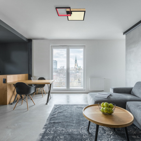 Stropné svietidlo kov čierny matný, MDF imitácia dreva, akryl biely, stmievateľné, niekoľko úrovní p 1