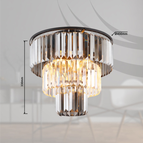 Stropné svietidlo, kov čierny, sklenené krištále dymové, číre, ø: 400mm, V: 330mm, bez žiaroviek 3xE 15