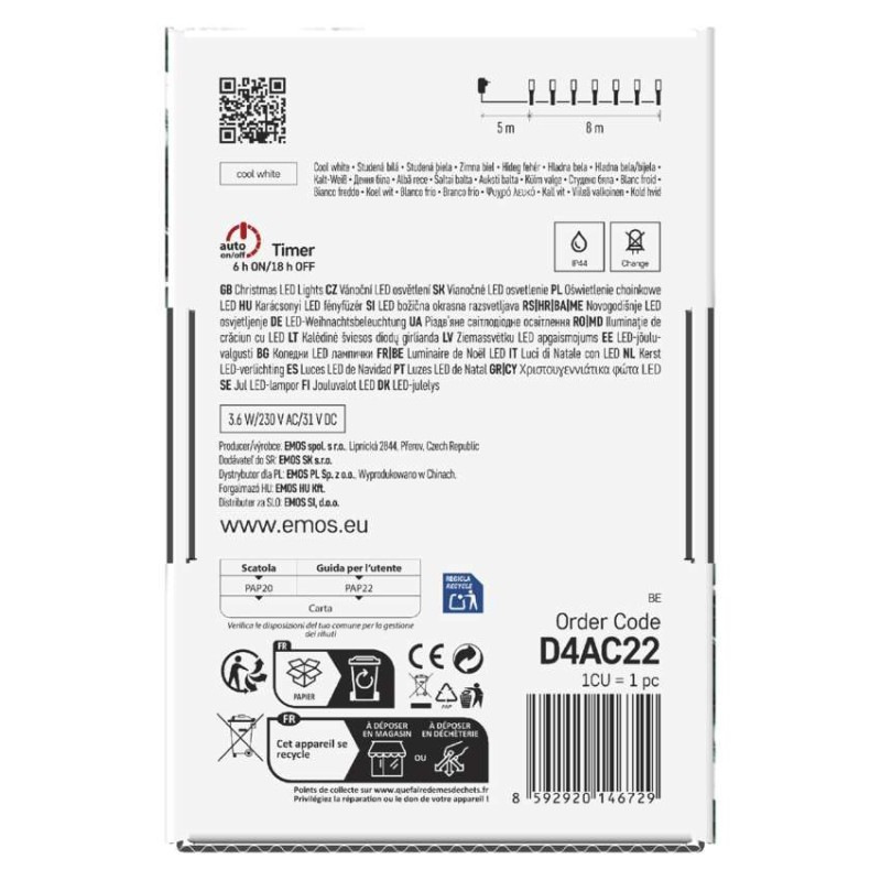 LED vianočná reťaz, 8 m, vonkajšia aj vnútorná, studená biela, programy, časovač 13